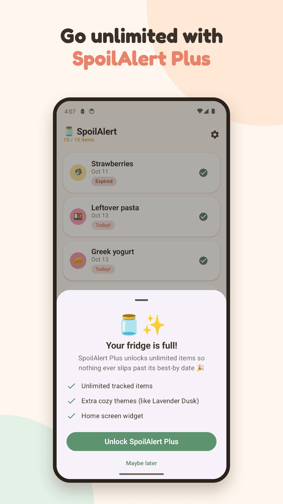 SpoilAlert Plus screen with unlimited items, extra themes and the home screen widget